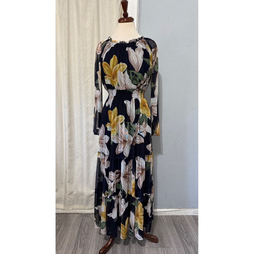 Cottagecore‎ Navy Floral Mesh Tiered Maxi Dress Smocked Waist Size 8 Spring